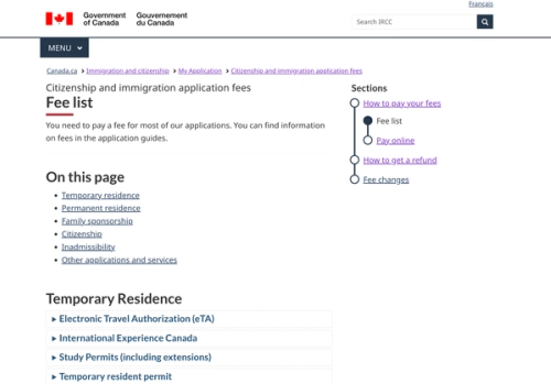 ircc fee list