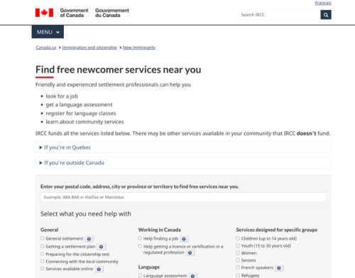 link of finding free newcomer services canada