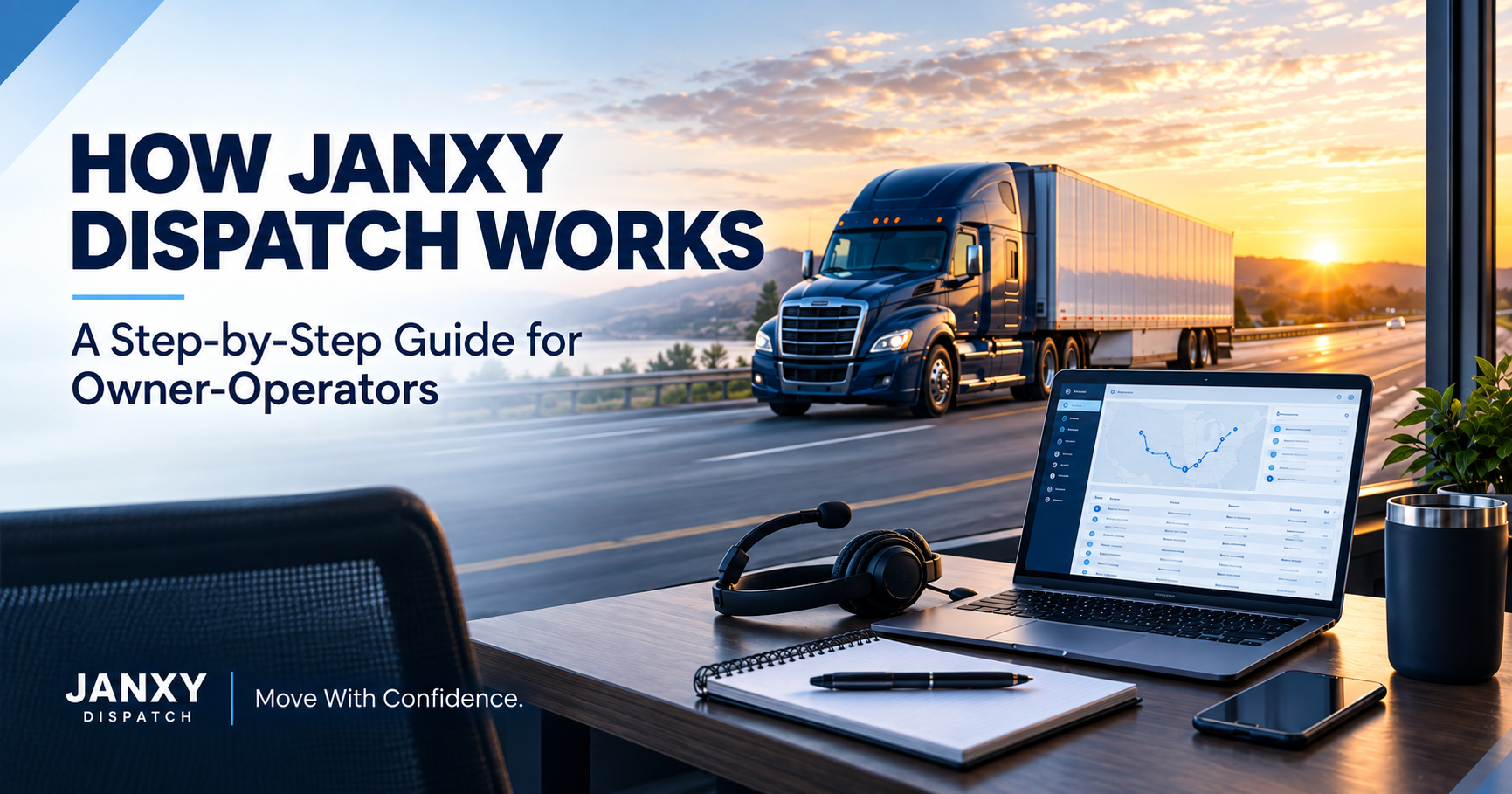 Dispatch blog hero image showing a semi truck on the highway beside a dispatch workspace with a laptop, headset, notebook, and the title “How Janxy Dispatch Works.”