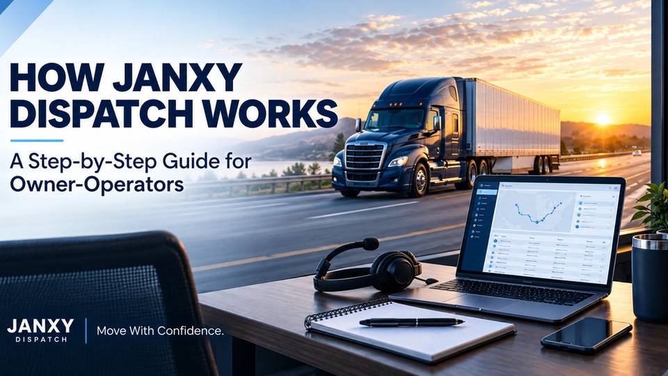 Dispatch blog hero image showing a semi truck on the highway beside a dispatch workspace with a laptop, headset, notebook, and the title “How Janxy Dispatch Works.”