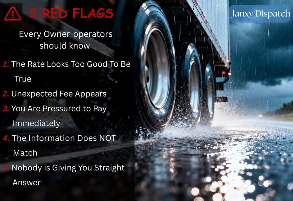 Five truck dispatch scam red flags every owner-operator should know, shown alongside a semi-truck driving in heavy rain.