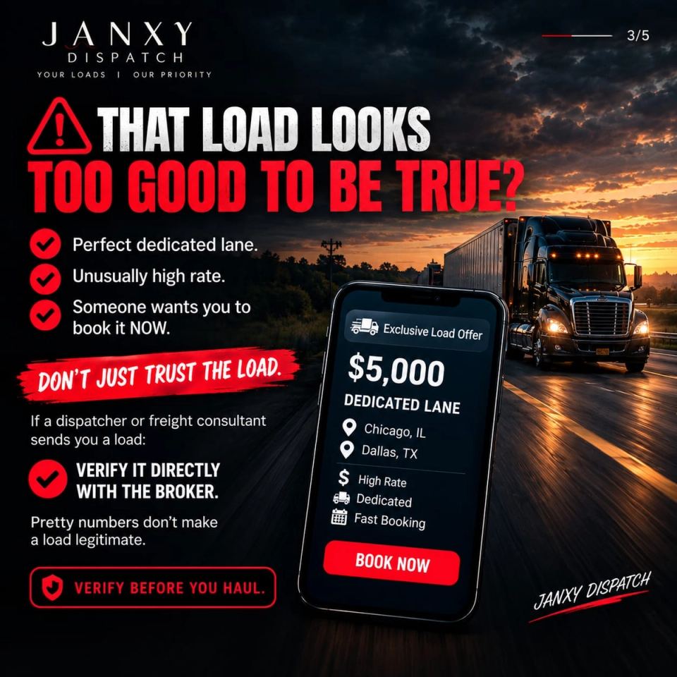 Truck dispatch scam warning showing an unusually high-paying dedicated load and advising owner-operators to verify the offer directly with the broker.