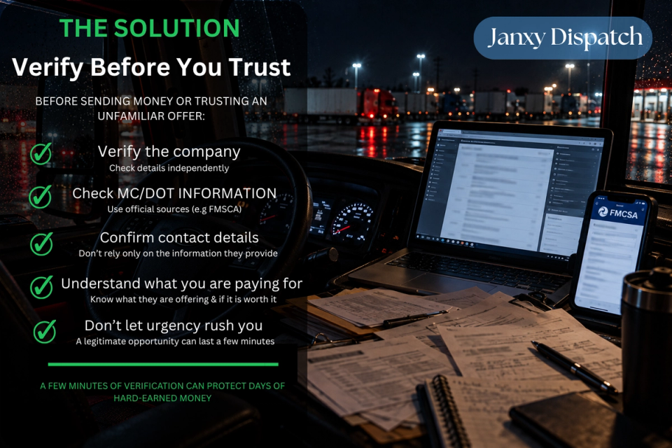 Truck scam prevention checklist showing how carriers can verify companies, MC and DOT information, contact details and payment requests before trusting an offer.