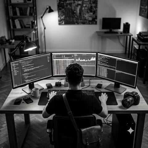 Personne travaillant sur un ordinateur dans le cadre de l’élaboration d’une stratégie de communication.
