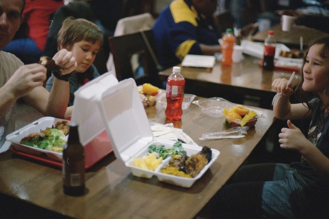 People eating lunch cafeteria style