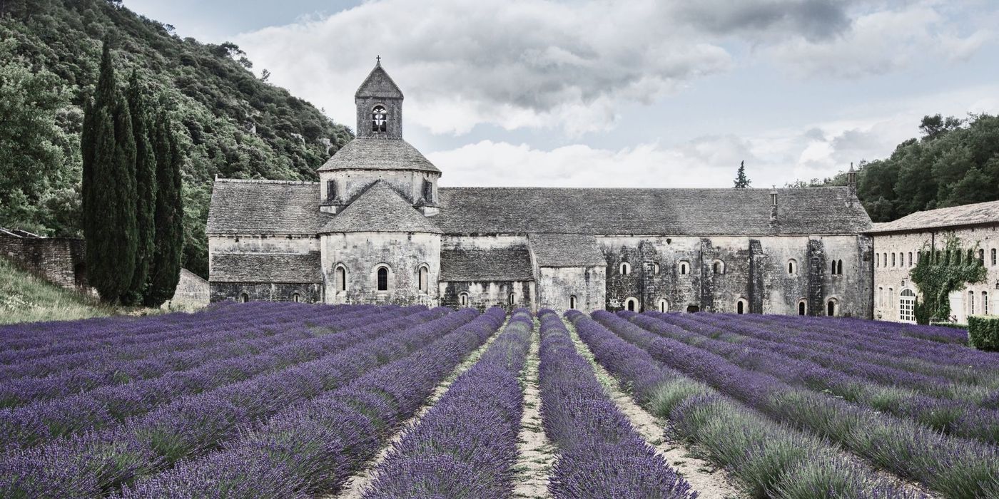 Traditional church surrounded by lavender fields in Provence