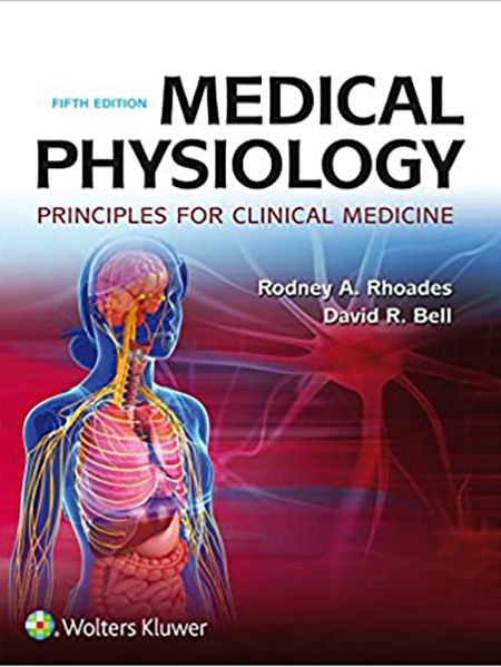 Textbook cover: "Medical Physiology, Fifth Edition" with diagram of human torso and brain.