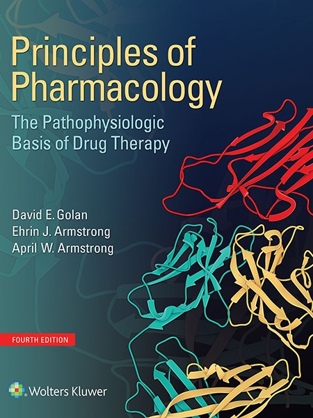 Textbook cover: "Principles of Pharmacology." Abstract protein structures in red, yellow, and turquoise.