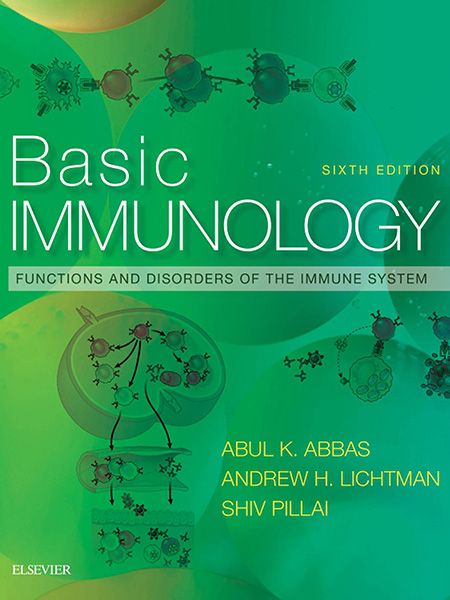 Book cover: Basic Immunology, Sixth Edition. Illustration of immune system cells. Authors: Abbas, Lichtman, Pillai.