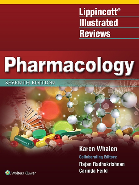 Book cover for "Lippincott Illustrated Reviews: Pharmacology, Seventh Edition" with molecular and pill imagery.