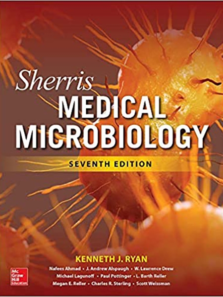 Book cover: Sherris Medical Microbiology, Seventh Edition. Orange microbes on a reddish-brown background.