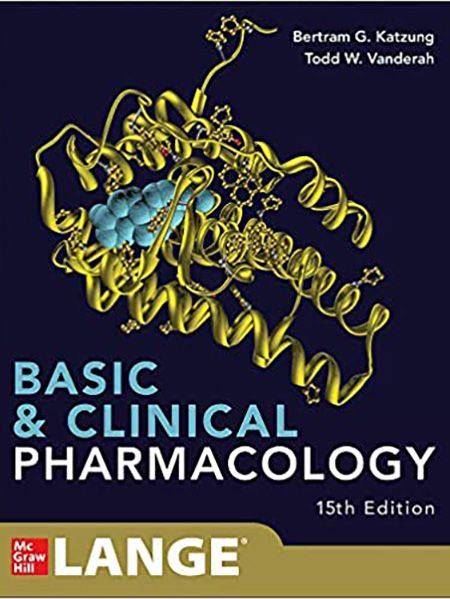 Book cover: "Basic & Clinical Pharmacology". Structure graphic with blue spheres. Authors Katzung & Vanderah.