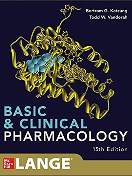 Book cover: "Basic & Clinical Pharmacology". Structure graphic with blue spheres. Authors Katzung & Vanderah.