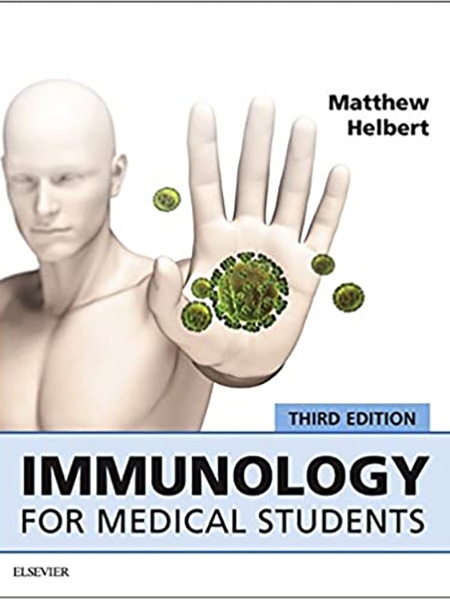 Book cover: "Immunology for Medical Students" by Matthew Helbert. A hand repels virus cells.