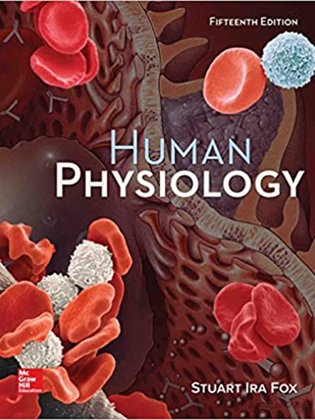 Textbook cover: "Human Physiology, Fifteenth Edition" by Stuart Ira Fox. Red blood cells, white blood cells.