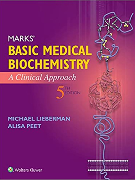 Cover of "Marks' Basic Medical Biochemistry, 5th Edition" textbook. Purple background with biochemistry diagrams.