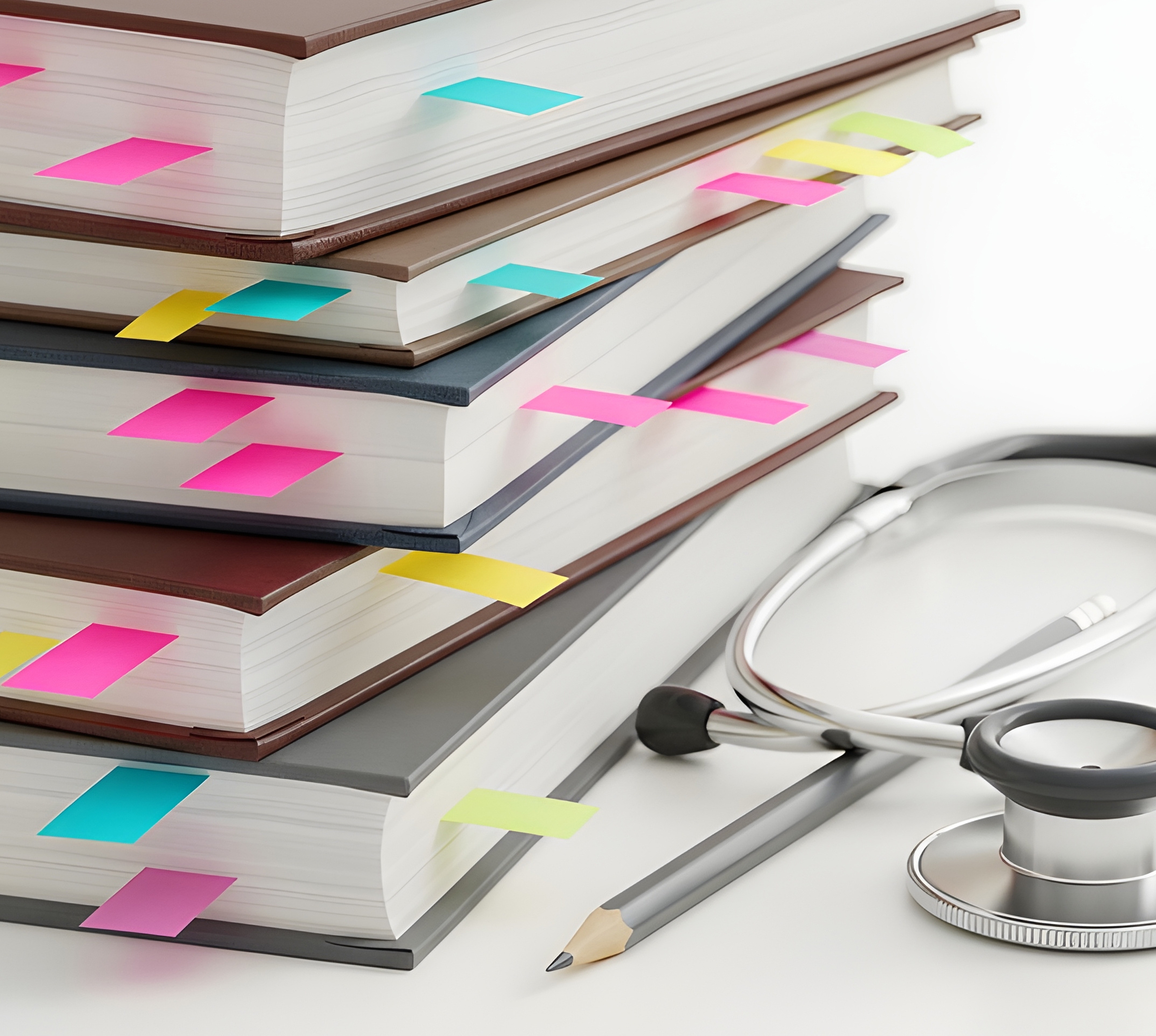Stack of medical books with colorful tabs, next to a stethoscope and pencil.