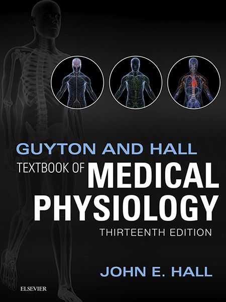 Book cover for "Guyton and Hall Textbook of Medical Physiology" with human anatomy illustrations.