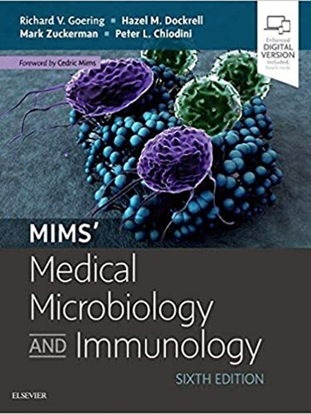 Textbook cover: "MIMS' Medical Microbiology and Immunology" by Goering, et al., Sixth Edition. Features microbe illustration.
