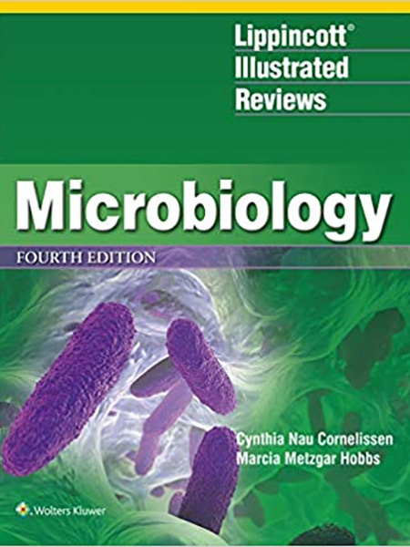 Book cover: "Microbiology, Fourth Edition" by Cynthia Nau Cornelissen & Marcia Metzgar Hobbs. Green, with purple bacteria.