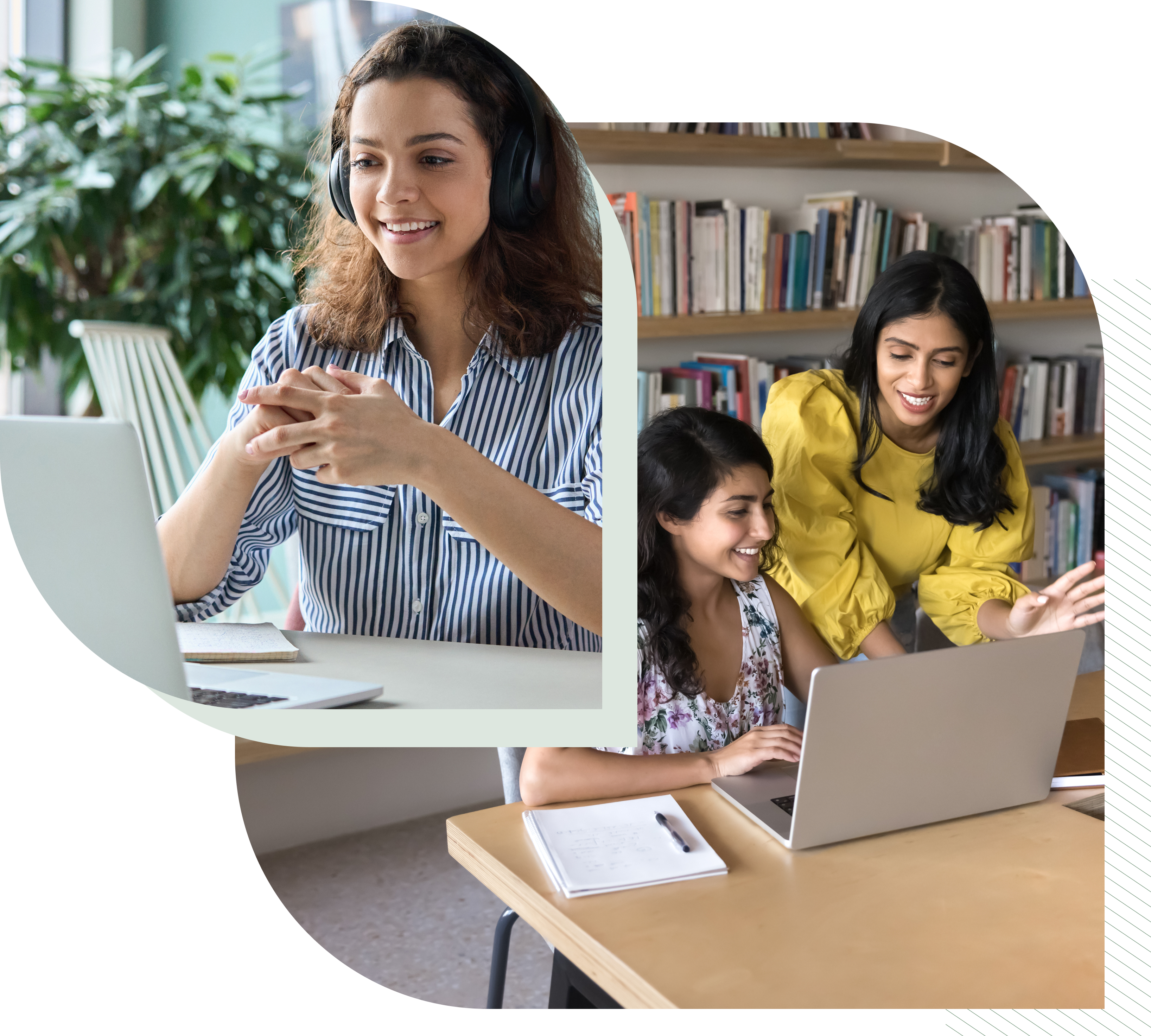 Two scenes of people collaborating using laptops, one woman in a video call, the other two in a library.