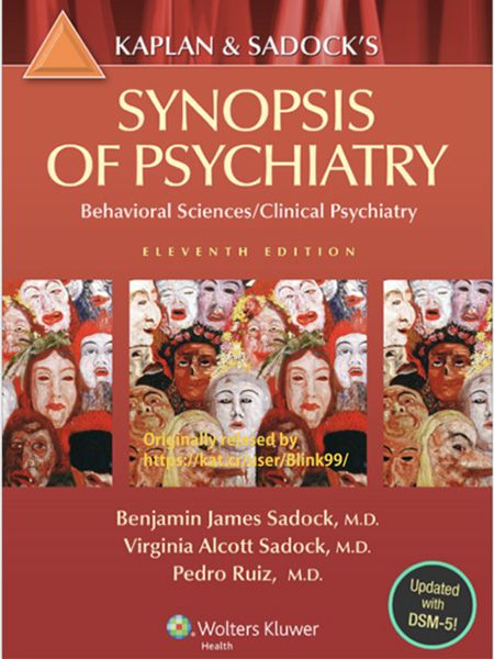 Book cover: Kaplan & Sadock's Synopsis of Psychiatry. Many stylized faces in background. Updated with DSM-5.