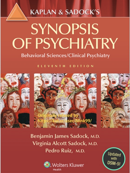 Book cover: Kaplan & Sadock's Synopsis of Psychiatry. Many stylized faces in background. Updated with DSM-5.