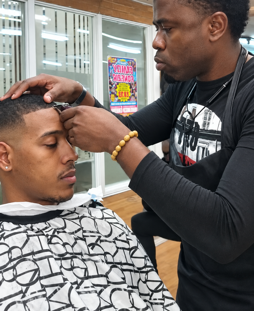 Sammy concentrating as he lines up a customer's hairline with clippers