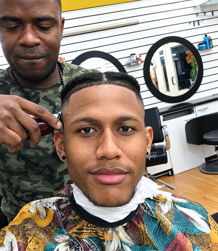 Sammy edging up a customer's fade while the customer looks at the camera