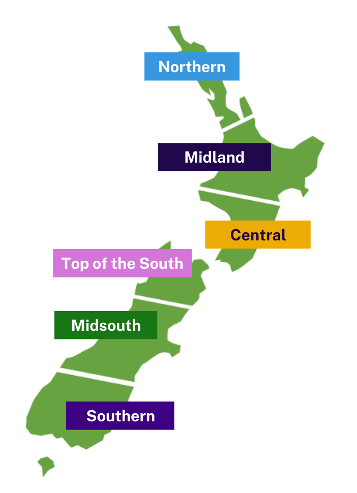 Map of New Zealand in green with labels showing the regions