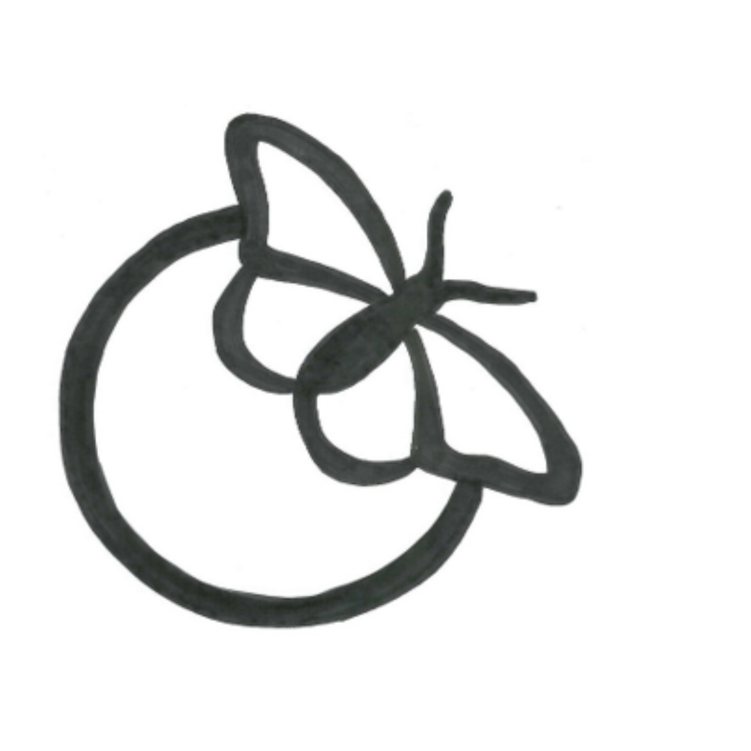 Black circle with a Butterfly pictured flying out of the circle.