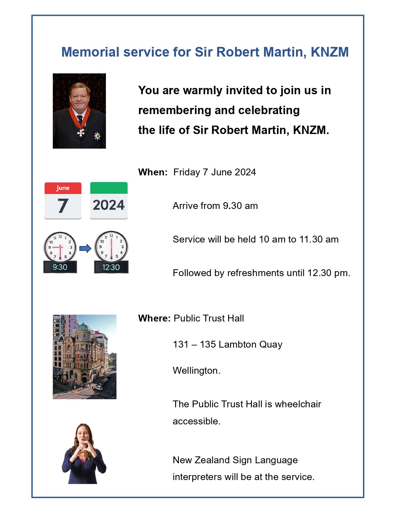 Cover of Sir Robert Martin's Memorial Service information. 