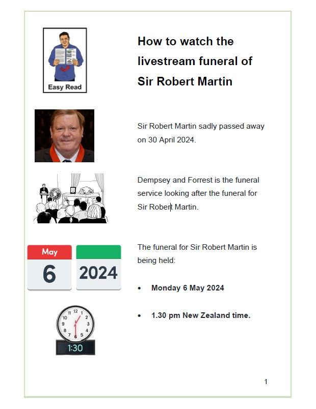 Front page of the easy read for - How to watch the livestream funeral of Sir Robert Martin
