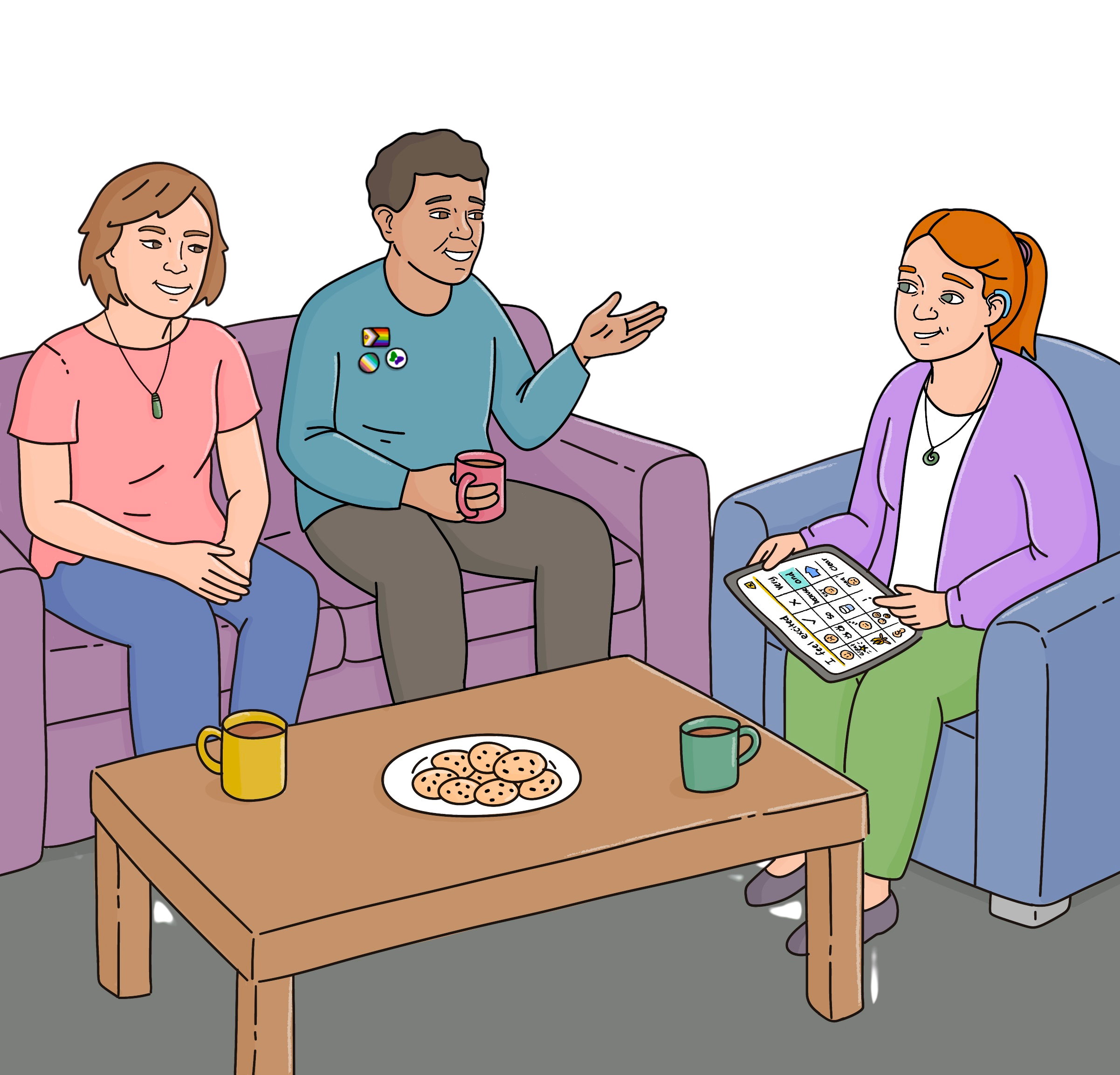 2 visitors speaking to someone in a living room.