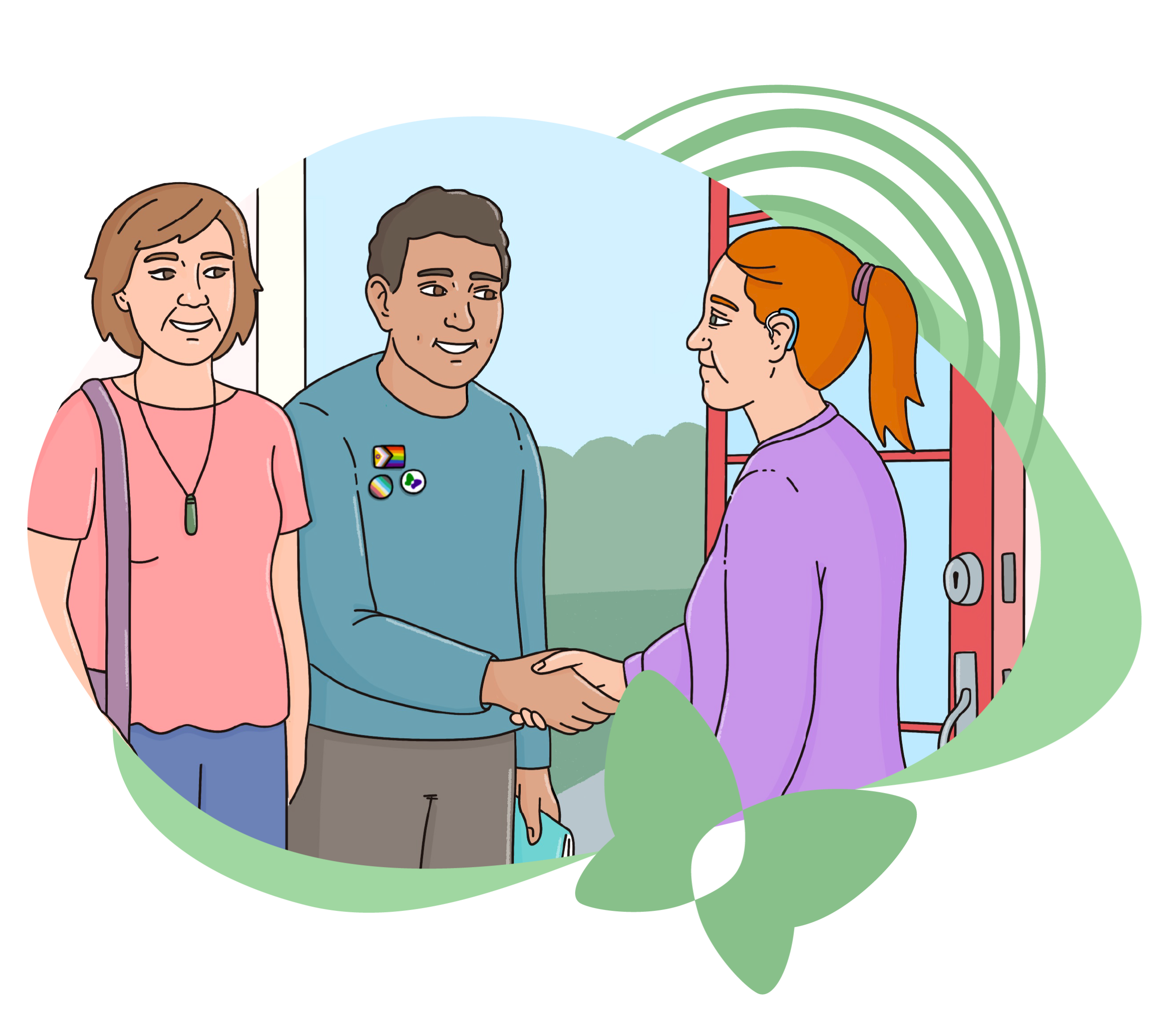 Illustration of 2 visitors meeting a disabled person. Designed with a green butterfly.