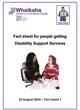 Easy Read information called Fact sheet for people getting disability support services; it has the Ministry of Disabled People – Whaikaha logo and the Easy Read logo, with an image of two people seated at a table.  