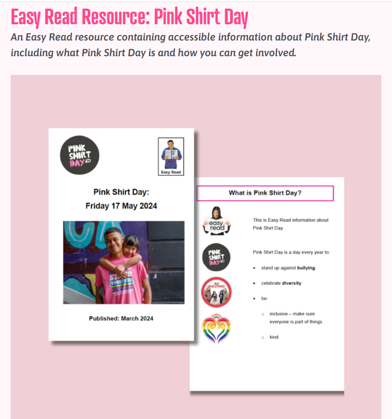 An image showing the Easy Read Resource: What is Pink Shirt Day?