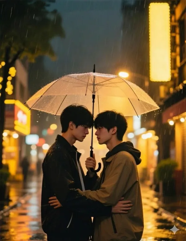 A sentimental BL novel cover showing two Chinese men in an intimate embrace under a transparent umbrella on a rainy night in a bustling city street with warm neon lights.