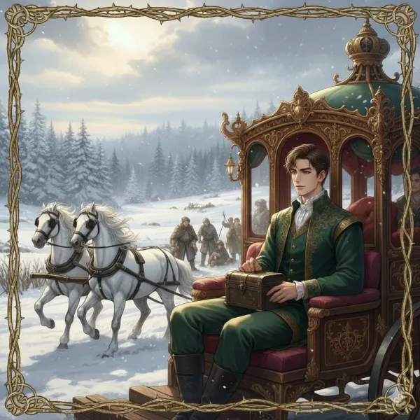 A handsome young man in a green noble outfit sitting in a luxurious European carriage, traveling through a snowy medieval landscape.