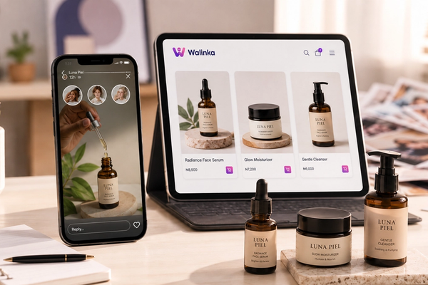 Teléfono celular mostrando un estado de WhatsApp con un producto de belleza, junto a una tablet exhibiendo el catálogo digital de Walinka con los productos listos para vender sobre un escritorio organizado.