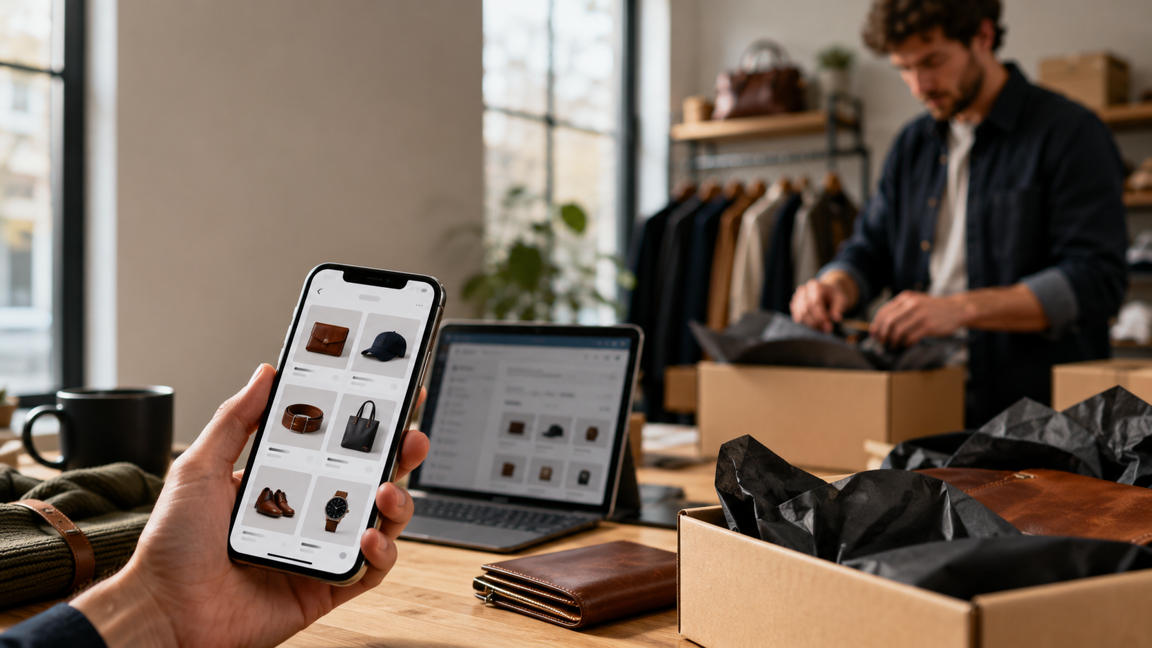 Primer plano de una mano sosteniendo un smartphone que muestra un catálogo digital profesional de una tienda de accesorios y ropa masculina. Al fondo desenfocado, un emprendedor empaca pedidos en cajas de envío dentro de un taller organizado.