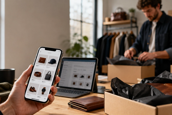 Primer plano de una mano sosteniendo un smartphone que muestra un catálogo digital profesional de una tienda de accesorios y ropa masculina. Al fondo desenfocado, un emprendedor empaca pedidos en cajas de envío dentro de un taller organizado.