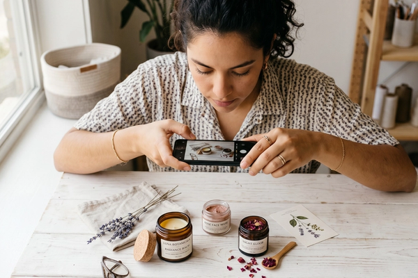 Emprendedora tomando una fotografía cenital de sus productos cosméticos artesanales con su celular, aprovechando la luz natural de una ventana en un escritorio de madera blanca.