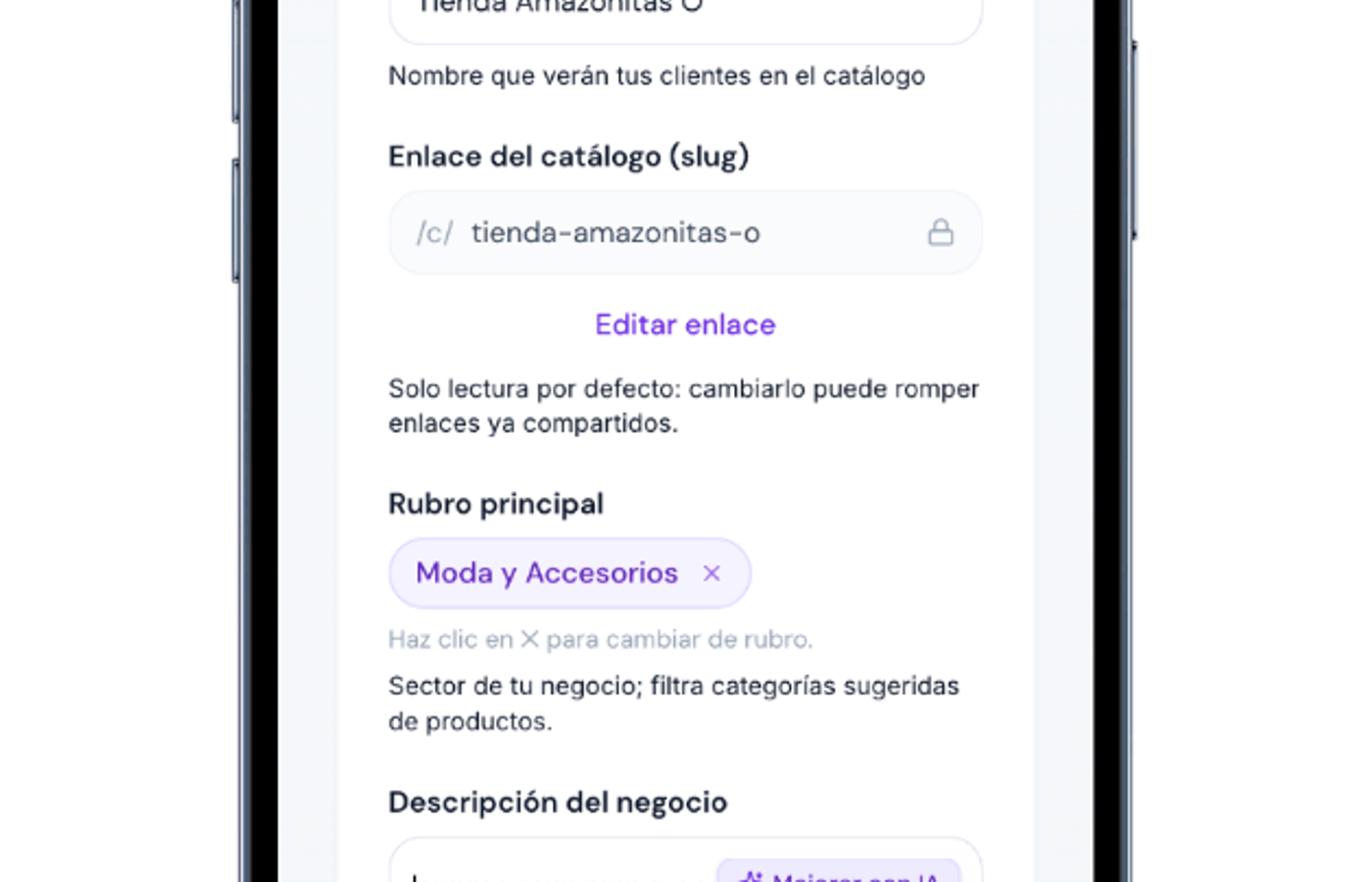Campo de descripción del negocio en Ventalink con opción de mejorar el texto usando inteligencia artificial