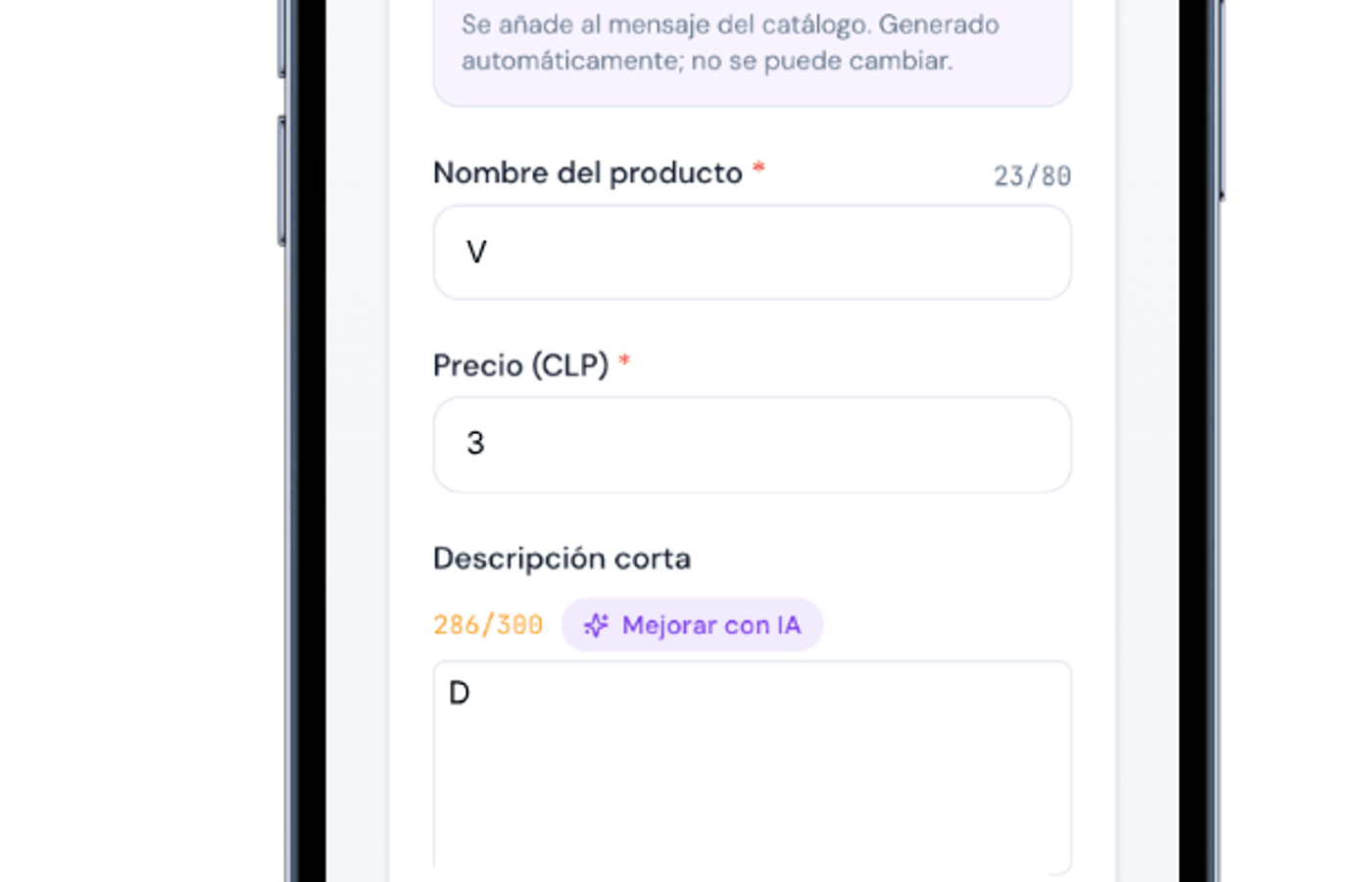 Formulario de producto en Ventalink donde se ingresan nombre, precio y descripción con opción de mejora con IA