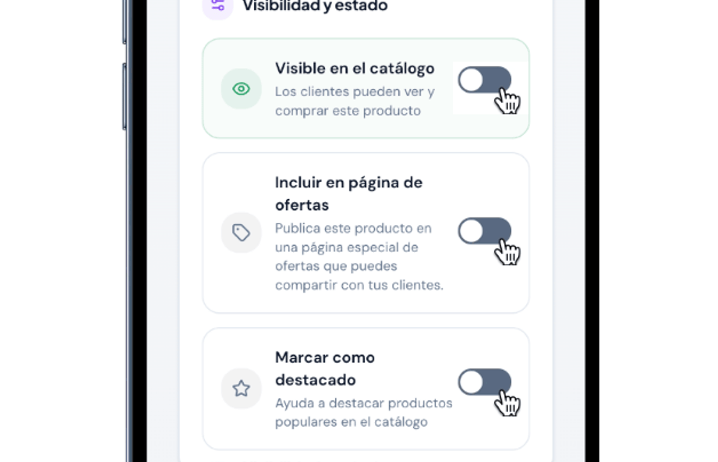 Opciones de configuración del producto en Ventalink como visibilidad, oferta y destacado