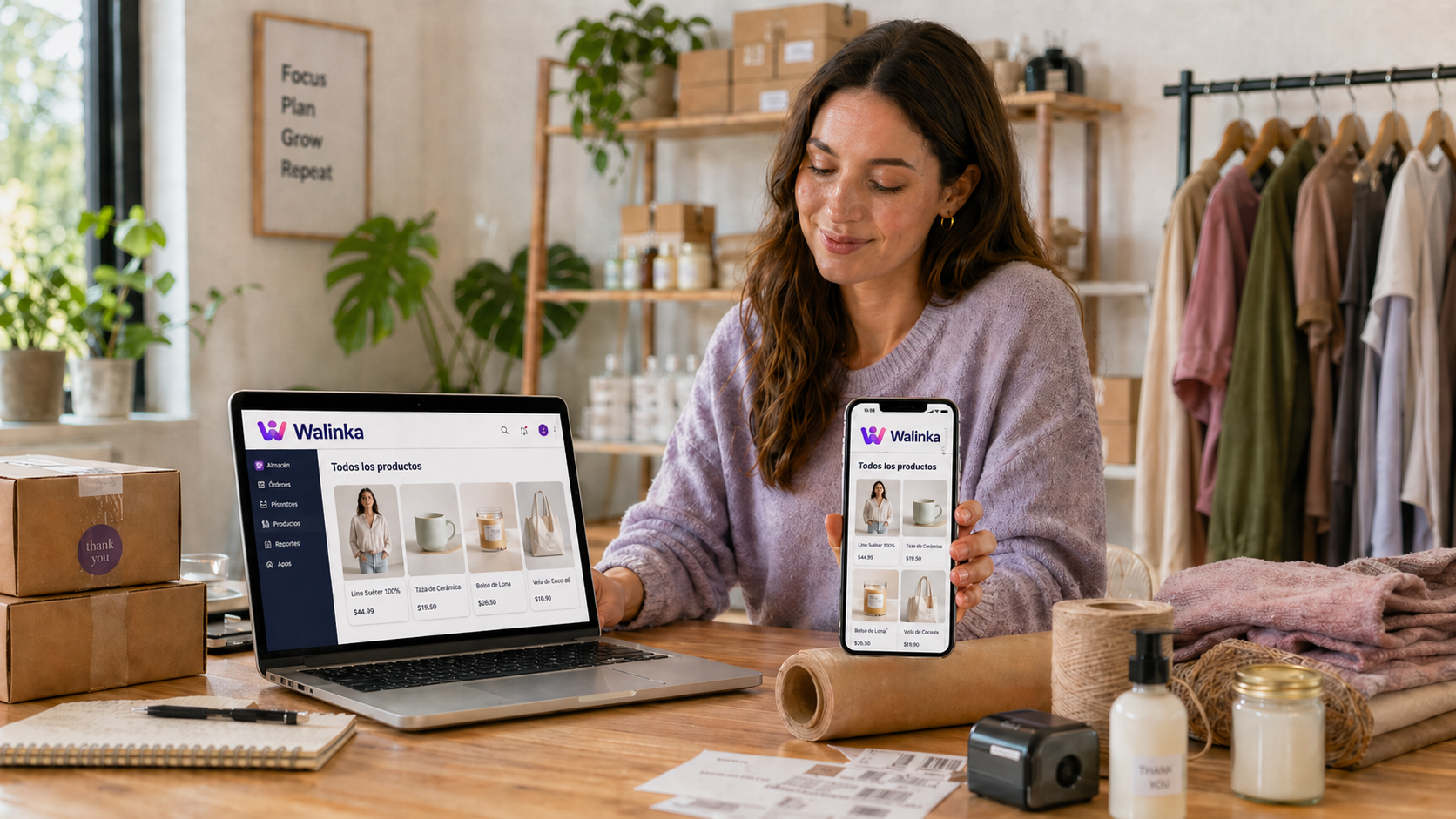 Emprendedora usando un catálogo digital de Walinka en laptop y celular para organizar productos, pedidos y ventas online.