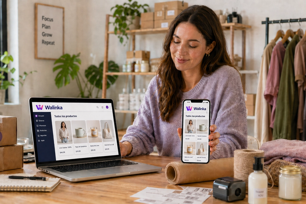 Emprendedora usando un catálogo digital de Walinka en laptop y celular para organizar productos, pedidos y ventas online.