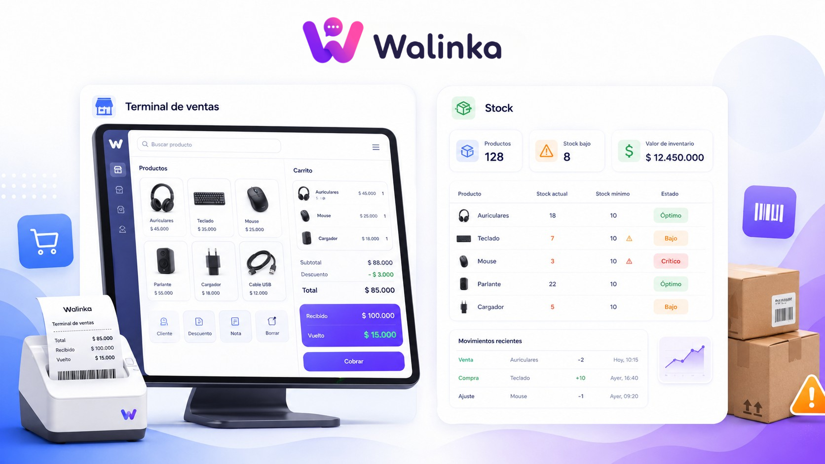 Terminal de ventas y control de stock en Walinka para gestionar ventas, inventario, productos y alertas de reposición.