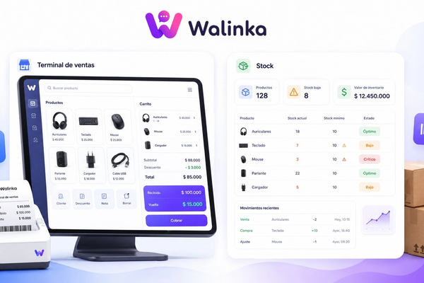 Terminal de ventas y control de stock en Walinka para gestionar ventas, inventario, productos y alertas de reposición.